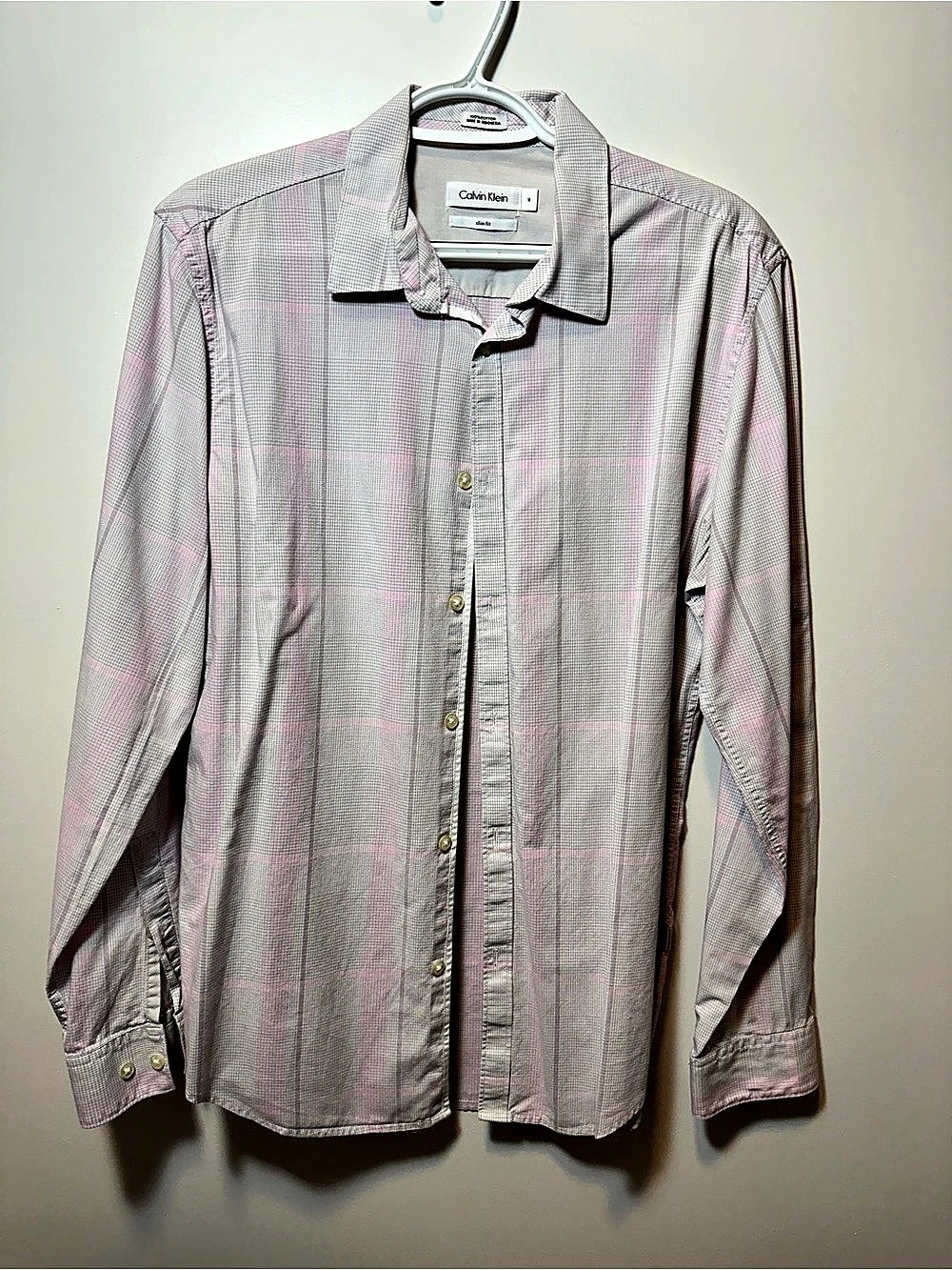 Calvin Klein Slim Fit Plaid Button Down Pink & Gray Medium